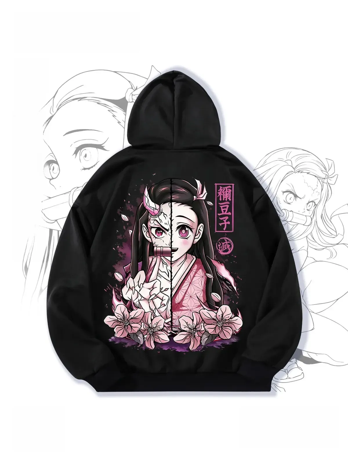 Demon Slayer Nezuko Muzan Kibutsuji Anime Graphic Hoodie, Two-Sided Manga Print Loose Pullover Hoodie with Pockets for Home and Daily Wear