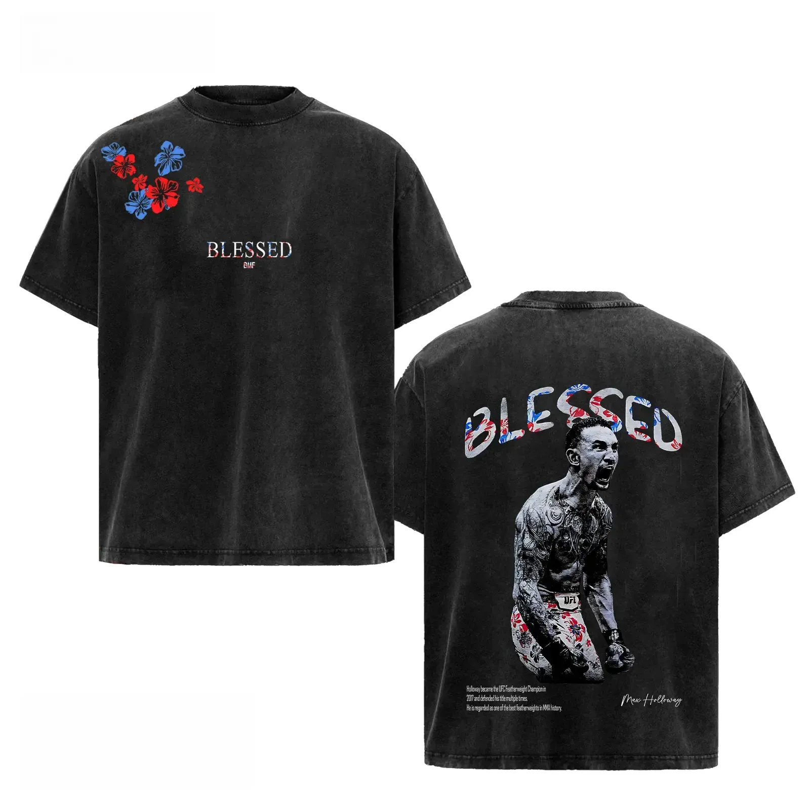 Max Holloway Blessed BMF Graphic Tee, UFC MMA Fighter Streetwear Front and Back Print Comfort Colors Casual Loose Fit Gym T-Shirt