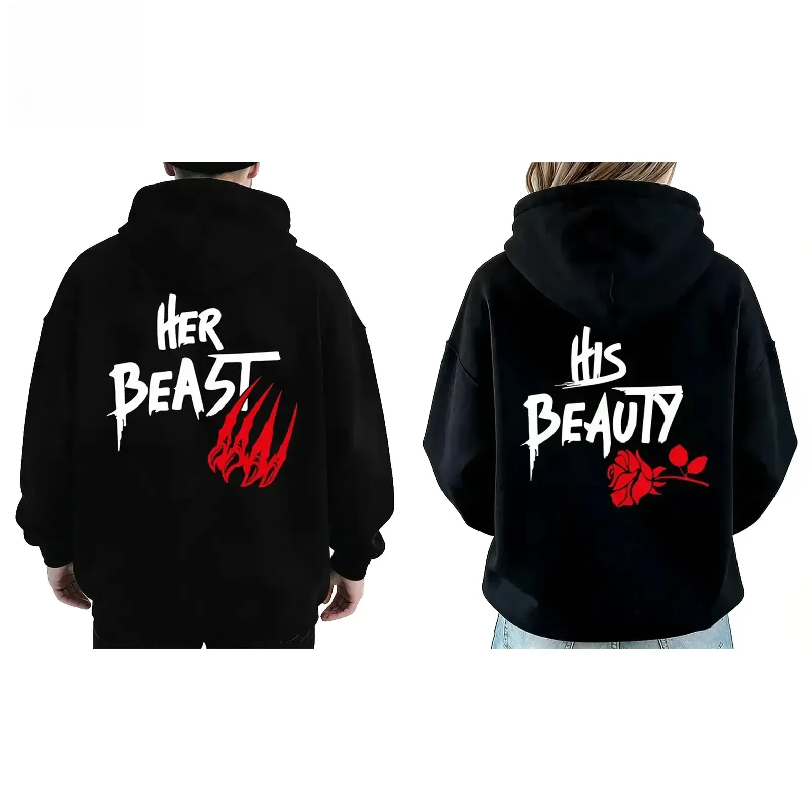 Her Beast His Beauty Couple Hoodie, Matching Outfits for Couples Valentine's Day Anniversary Back Print Casual Streetwear Pullover Hoodie