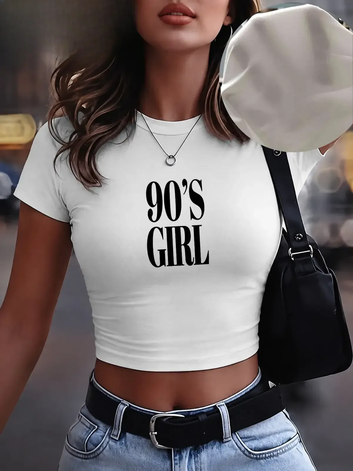 90's Girl Letter Print Crop Tee, Vintage Retro Slim Fit Round Neck Short Sleeve Women's Cropped T-Shirt, Casual Summer Daily Wear Top