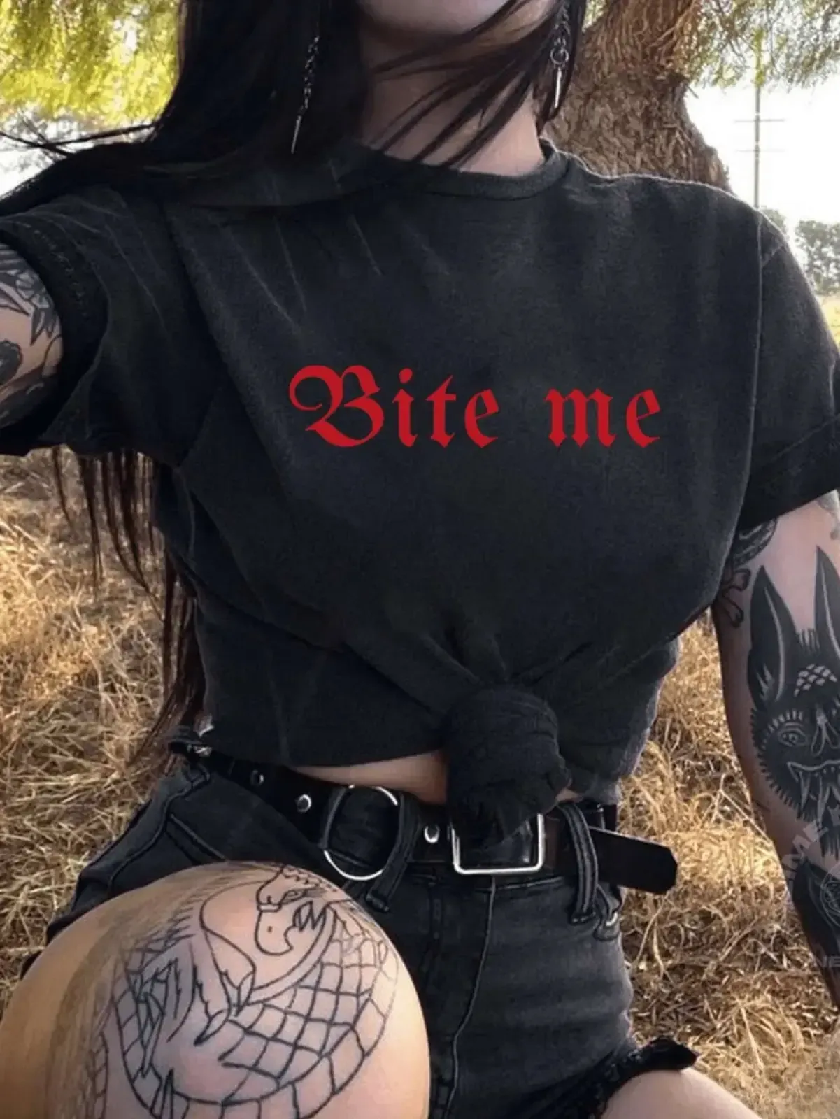 Bite Me Bold Print Gothic Graphic Tee, Red Old English Lettering Trendy Women's Shirt, Soft Loose Fit Urban Streetwear Unisex T-Shirt
