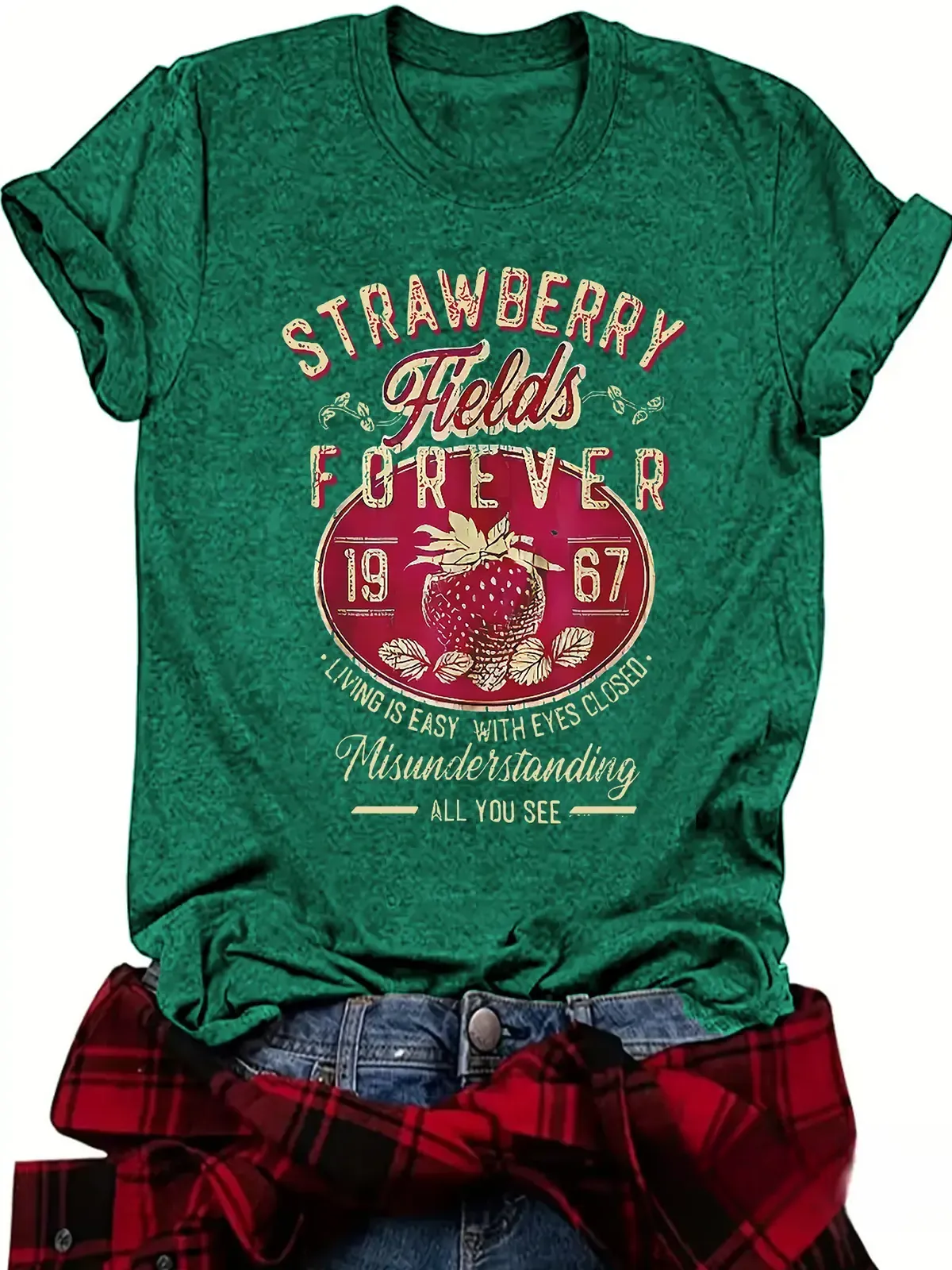 Strawberry Fields Forever 1967 Retro Strawberry Graphic Tee, Vintage 60s Music Inspired Women's Casual Streetwear T-Shirt, Soft Round Neck Top