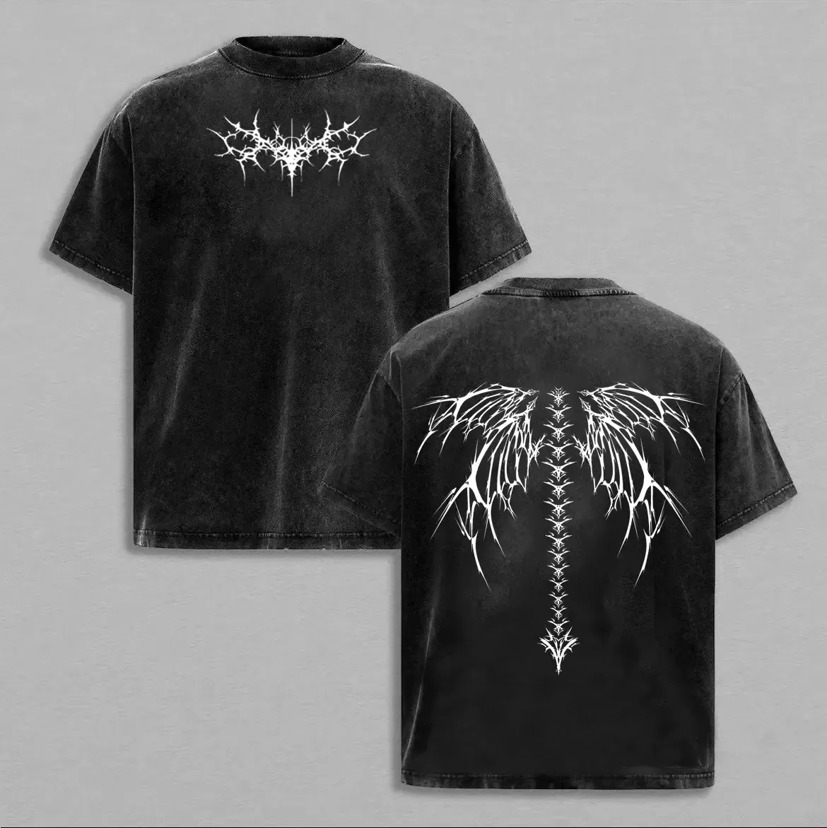 Y2K Gothic Angel Wing Graphic Tee, Dark Aesthetic Spine Wings Double-Sided Print, Vintage Soft Washed Oversized T-Shirt, Streetwear Top