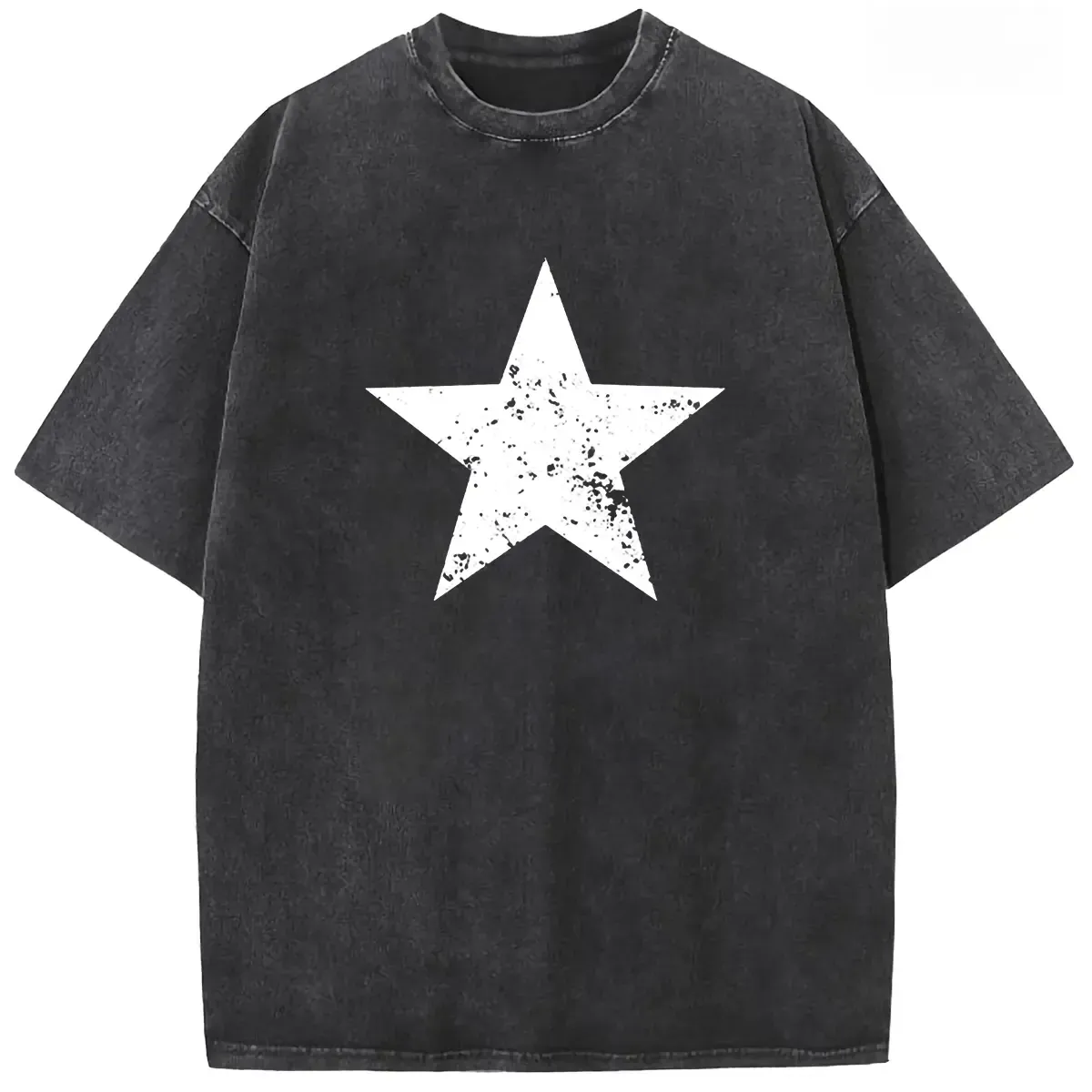 Retro Distressed White Star Graphic Tee, Women's Acid Washed Cotton T-Shirt, Y2K Grunge Oversized Baggy Round Neck Streetwear for Back to School