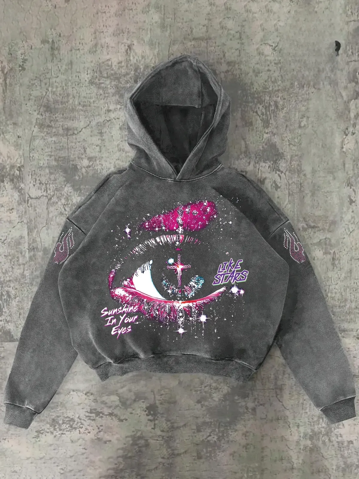 Vintage Washed Sunshine In Your Eyes Like Stars Eye Graphic Print Hoodie, Y2K Hip Hop Rap Streetwear Pullover Hooded Sweatshirt for Gym