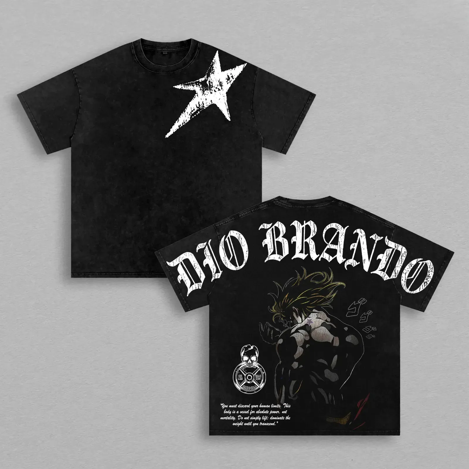 Dio Brando JoJo's Bizarre Adventure Steel Ball Run Scary Monsters Anime Washed Tee, Double-Sided Print Oversized Heavy Cotton Gym Streetwear Top
