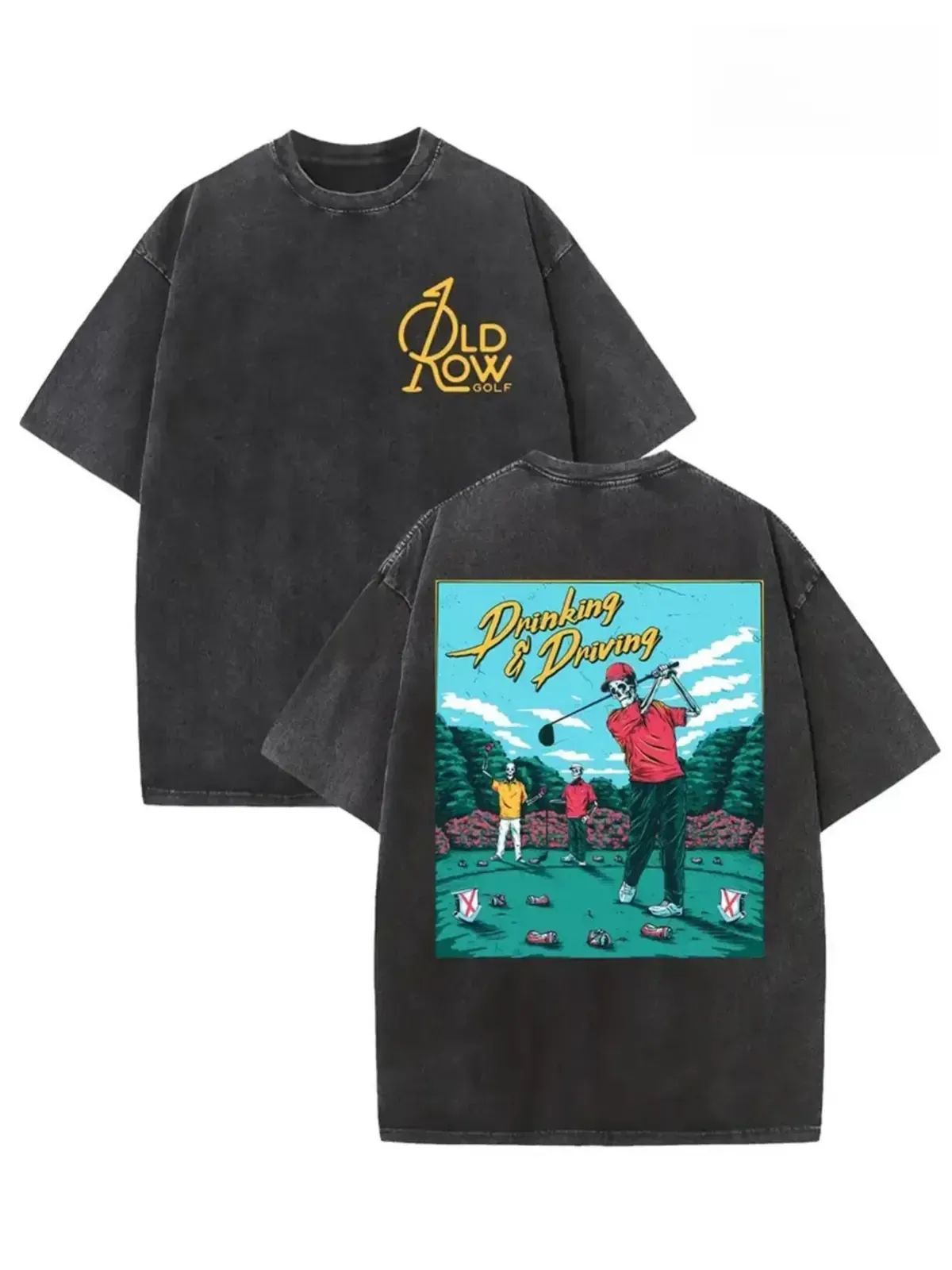 Old Row Golf Drinking and Driving Skeleton Golfer Graphic Tee, Drink and Don't Drive Retro Acid Washed Double-Sided Unisex T-Shirt