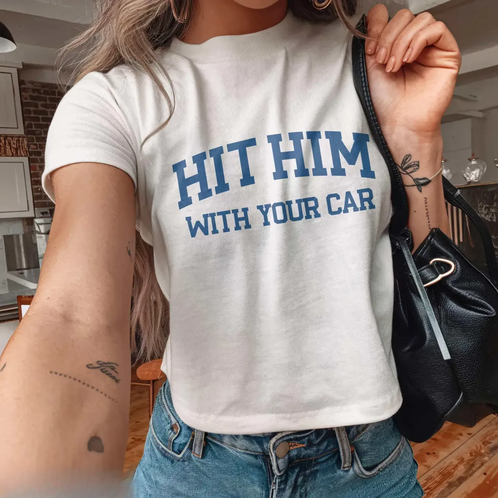 Hit Him With Your Car Funny Y2K Baby Tee for Women, Girly Collegiate Slogan Print Fitted Cotton T-Shirt, Sarcastic Dark Humor Girls Top