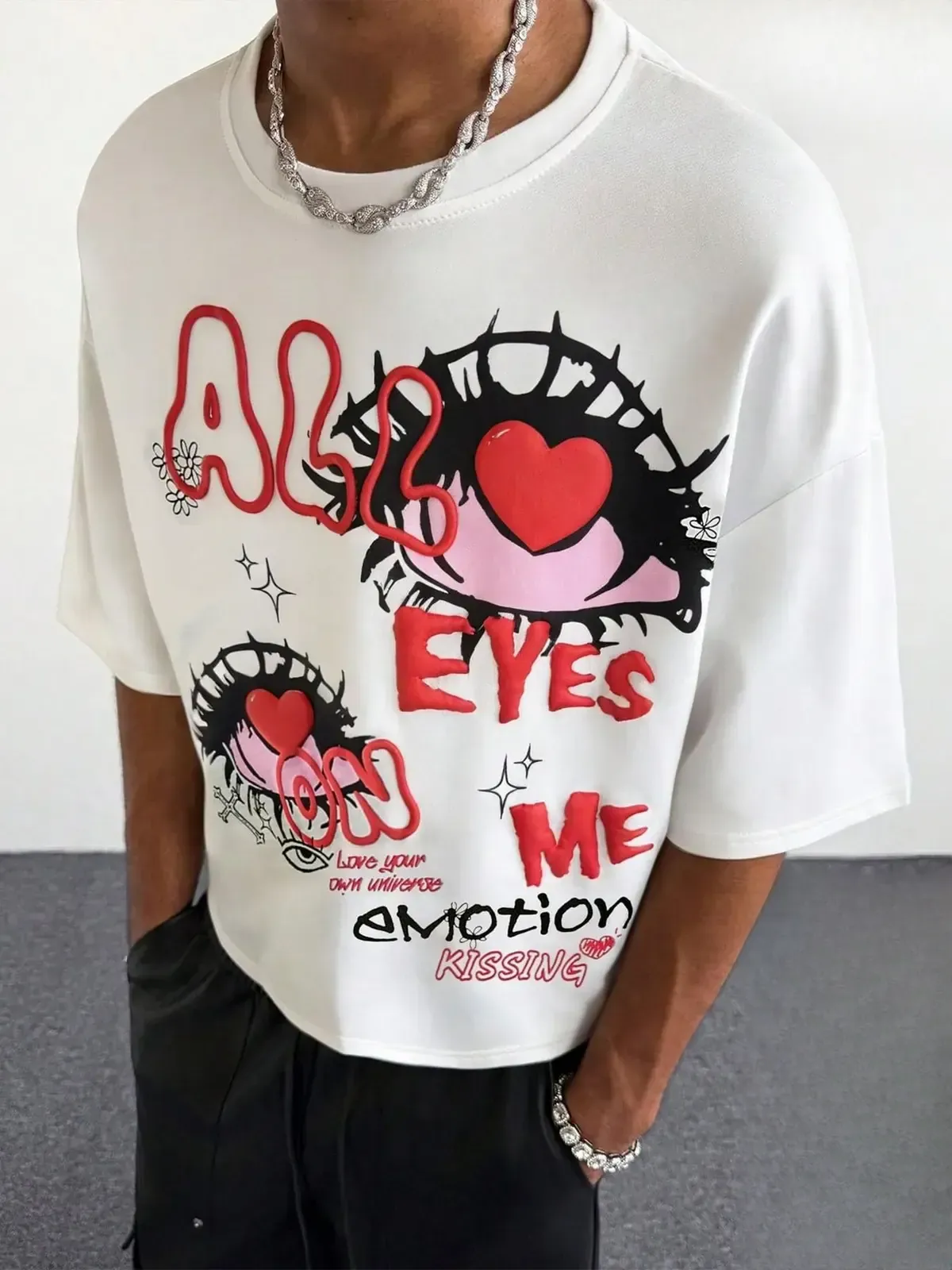All Eyes on Me Heart Eye Graffiti Print Graphic Tee, Y2K Hip Hop Streetwear Loose Fit T-Shirt, 100% Cotton Casual Oversized Short Sleeve Top