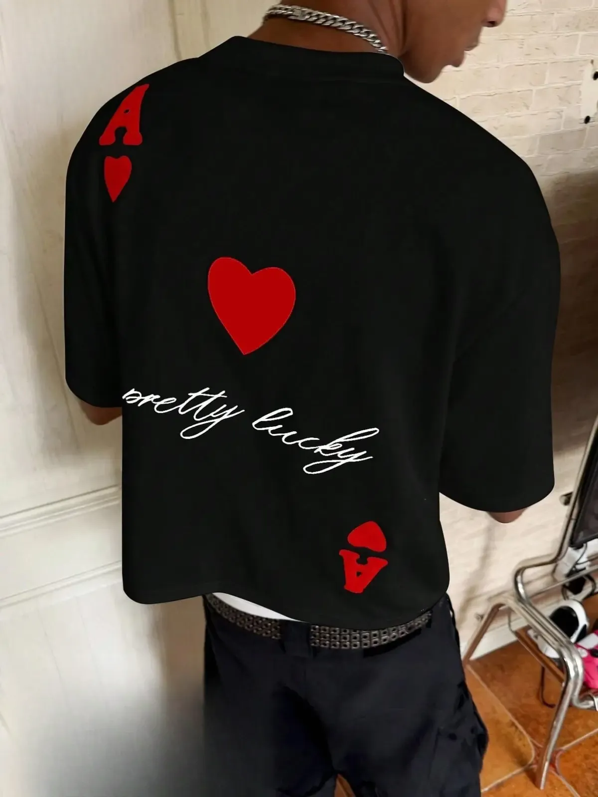 Pretty Lucky Ace of Hearts Playing Card Back Print Graphic Tee, Y2K Asymmetrical Streetwear Oversized Unisex Couple T-Shirt, Cotton