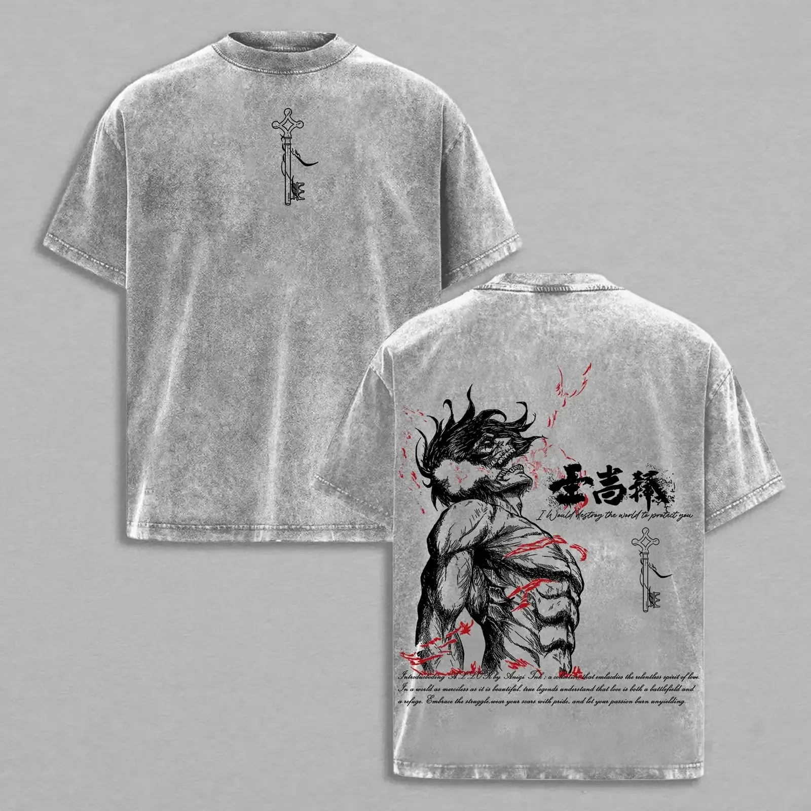 Attack On Titan Eren Yeager Graphic Tee, Acid Wash Heavyweight Oversized T-Shirt, Retro Y2K Grunge AOT Anime Art Front and Back Print Streetwear