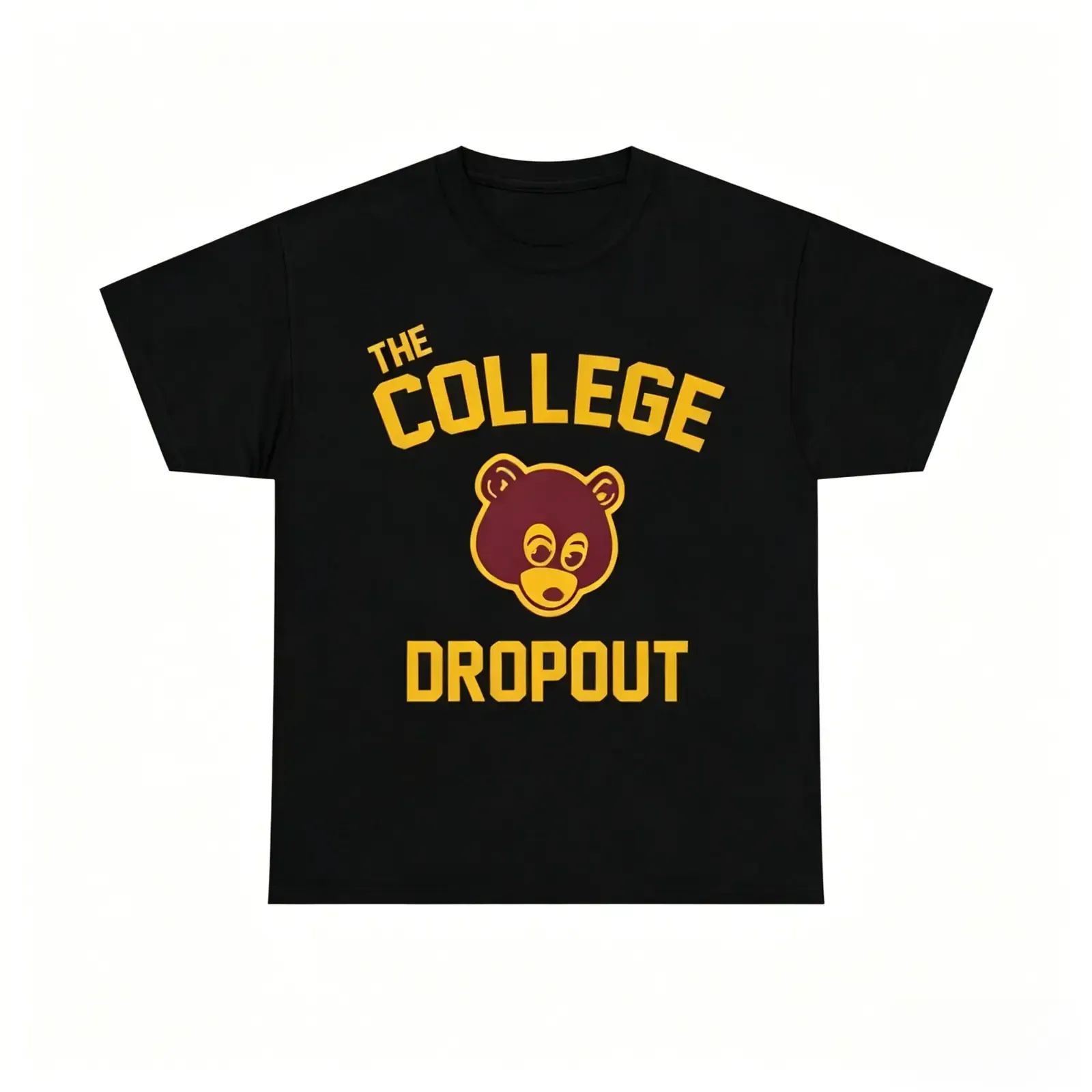 The College Dropout Bear Inspired Graphic Tee, Retro Hip Hop Album Varsity Print, Classic Heavy Cotton Crew Neck Streetwear Unisex T-Shirt
