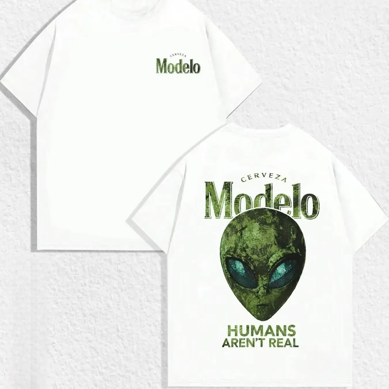 Modelo Cerveza Alien Head Humans Aren't Real Graphic Tee, Retro Sci-Fi Streetwear Two-Sided Print Oversized Unisex Washed Cotton T-Shirt