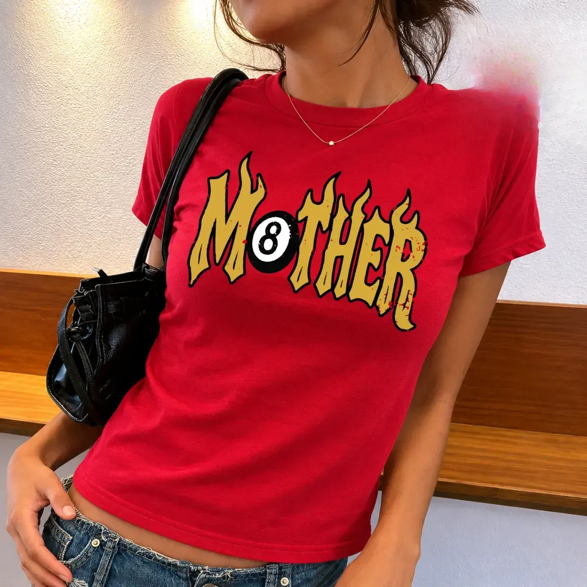 Mother 8 Ball Flame Graphic Baby Tee, Y2K Aesthetic Fitted T-Shirt for Women, Trendy Viral Streetwear Cool Girl Top in Retro 90s Biker Style