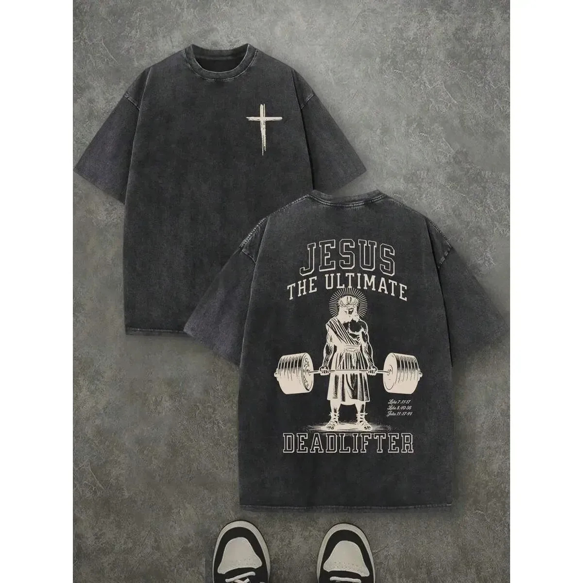 Jesus The Ultimate Deadlifter Christian Gym Graphic Tee, Retro Vintage Washed Heavyweight Cotton Front and Back Print Relaxed Fit T-Shirt