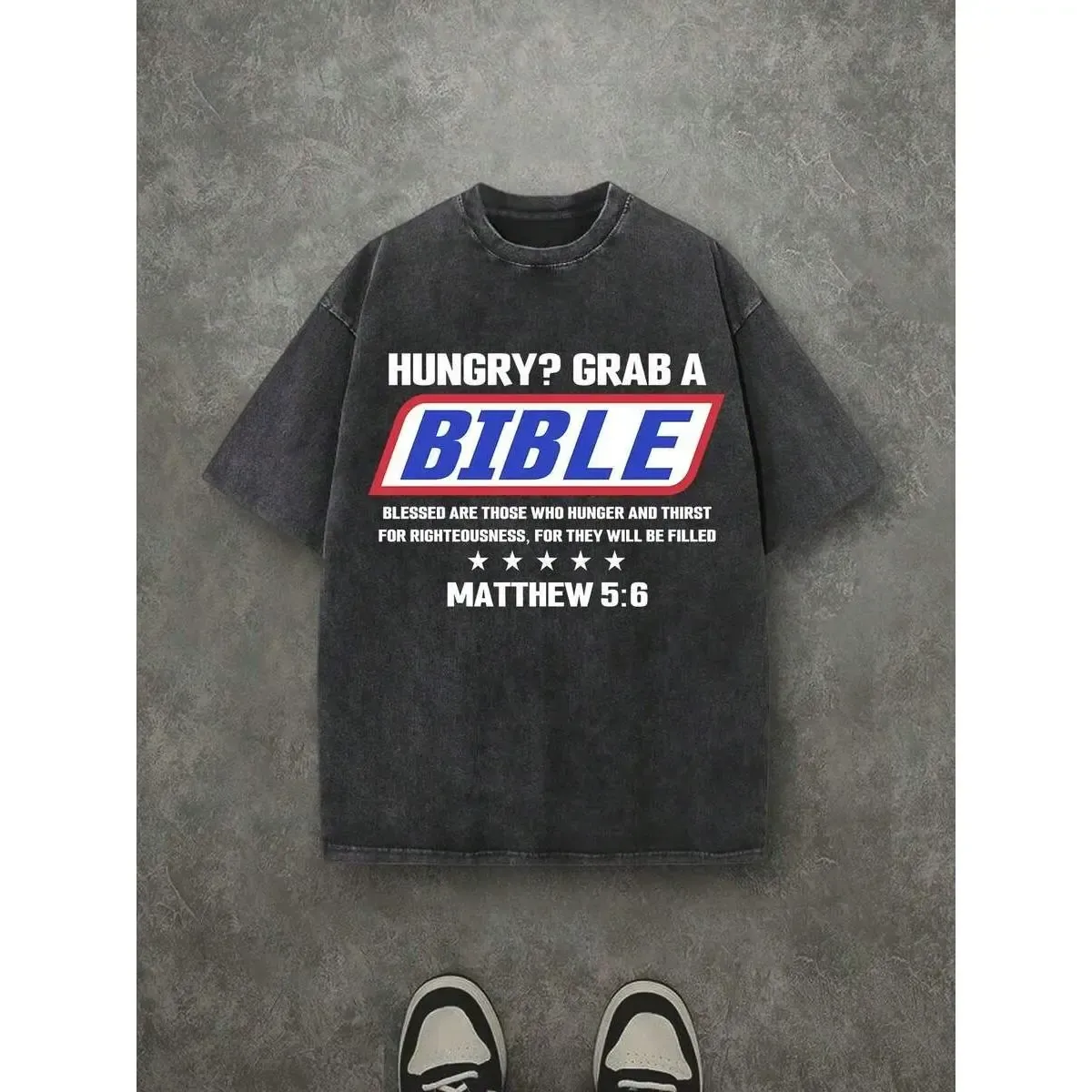 Hungry Grab a Bible Matthew 5 6 Christian Scripture Tee, Retro Washed Heavyweight Baggy Cotton T-Shirt, Faith Streetwear Top