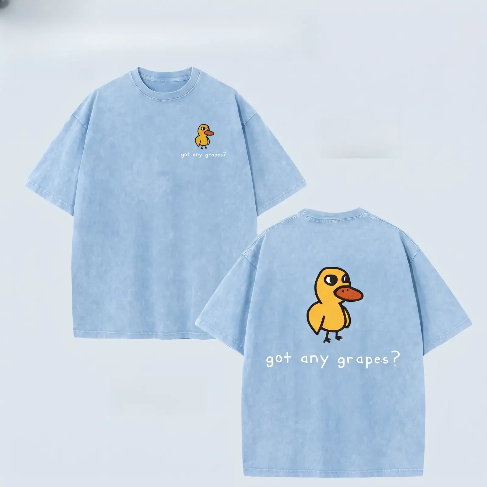Got Any Grapes Cartoon Duck Funny Meme Graphic Tee, Vintage Washed Heavyweight Front and Back Print Oversized Streetwear T-Shirt