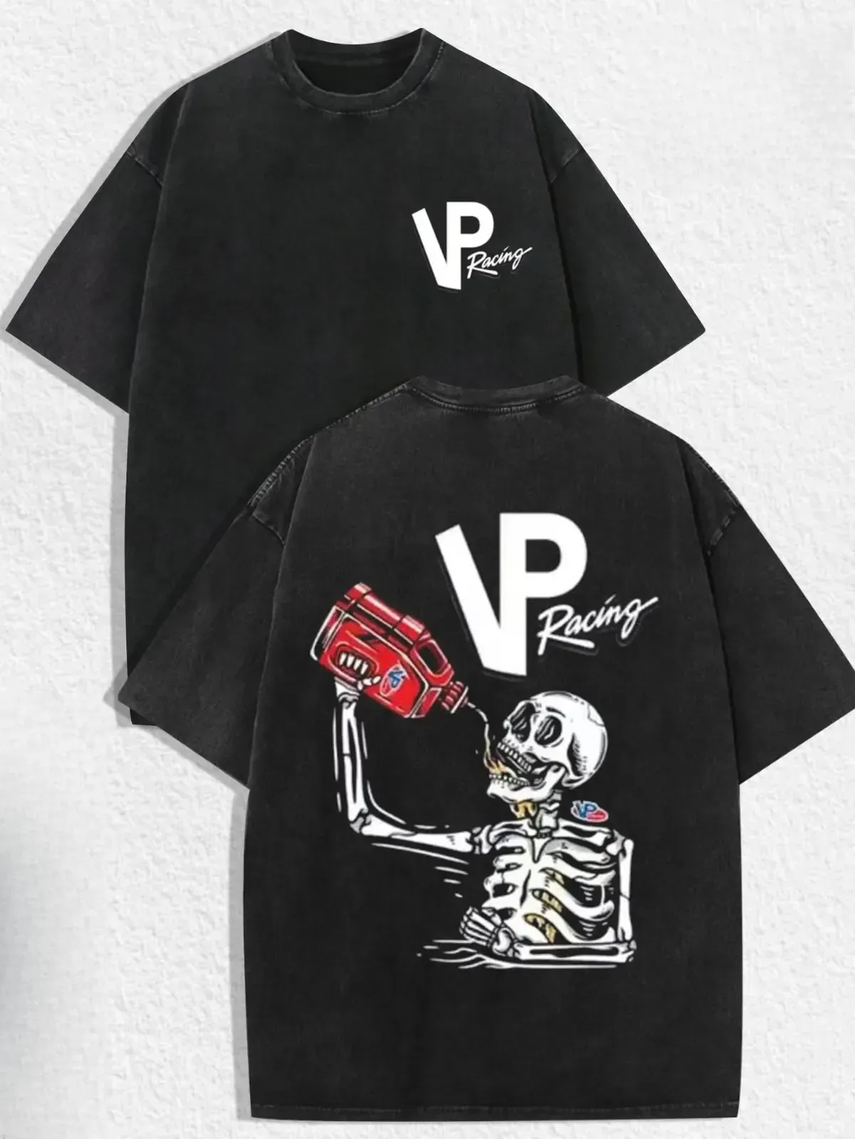 VP Racing Skeleton Drinking Fuel Graphic Retro Washed Black Oversized Tee, Two-Sided Motorsport Car Racing Streetwear 100% Cotton T-Shirt