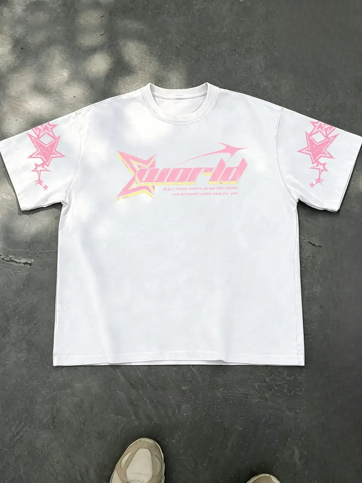 World Letter and Star Graphic Tee, American Retro Y2K Hip-Hop Streetwear Loose Fit Short Sleeve Unisex Pure Cotton T-Shirt
