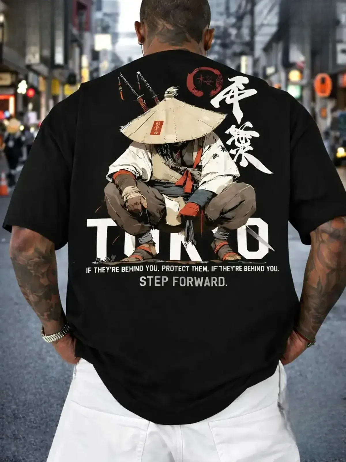 Tokyo Samurai Ronin Japanese Kanji Graphic Tee, Step Forward Back Print Japanese Streetwear Men's Plus Size Big and Tall Oversized T-Shirt