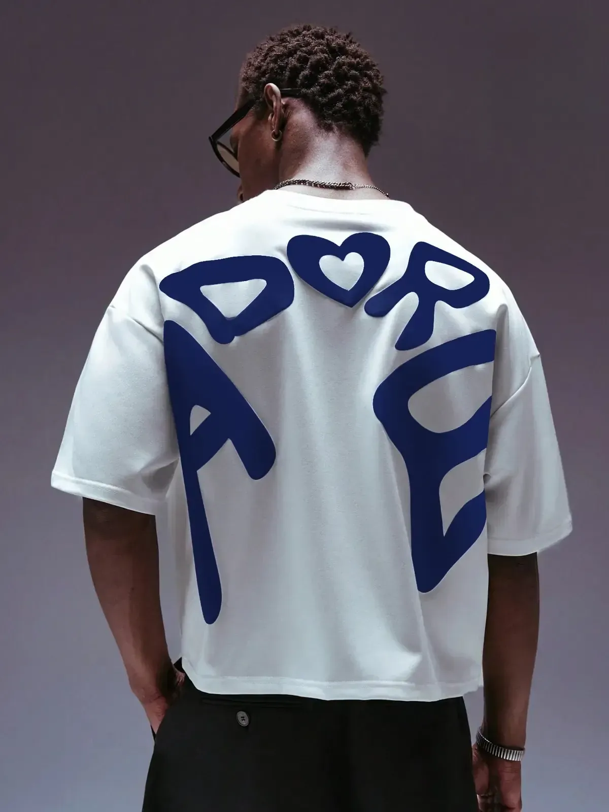 Adore Heart Letter Back Print Oversized Tee, Amour Bubble Font Graphic Streetwear Boxy Fit Unisex Cotton Short Sleeve T-Shirt