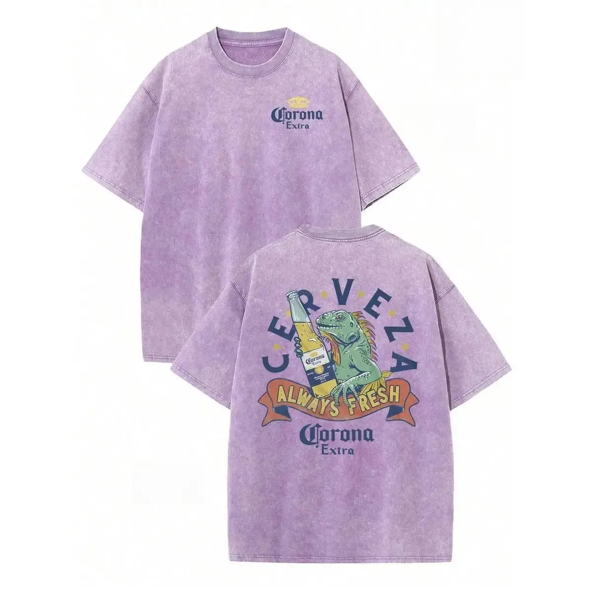 Corona Extra Cerveza Always Fresh Iguana Beer Logo Tee, 80s Retro Aesthetic Vintage Acid Wash Two-Sided Streetwear Graphic Shirt and Hoodie