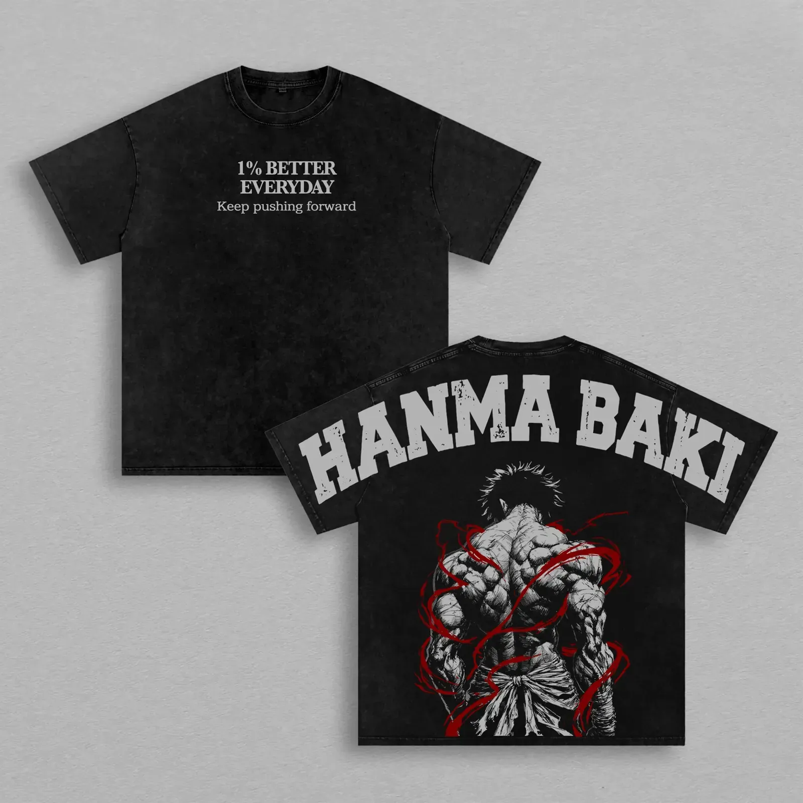 Baki Hanma Washed Gym Tee, 1% Better Everyday Martial Arts Beast Mode Anime Double-Sided Heavy Cotton Oversized Pump Cover Vintage T-Shirt