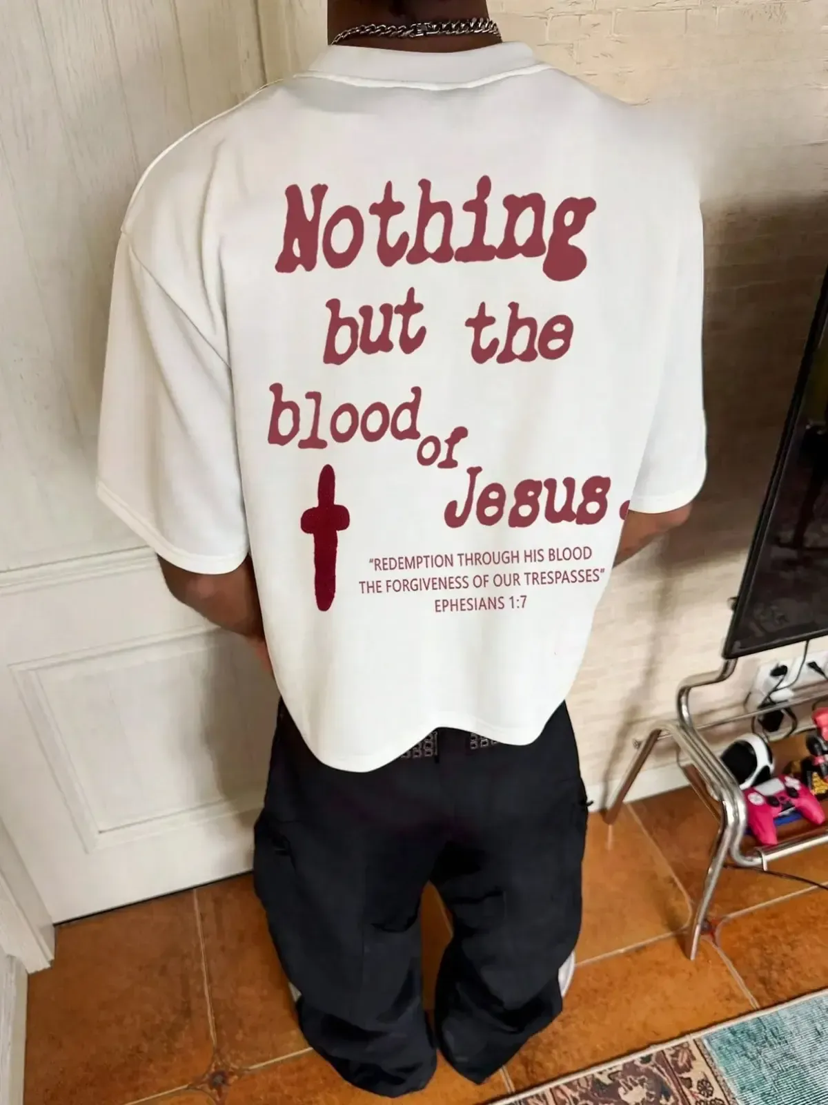 Nothing But the Blood of Jesus Cross Christian Graphic Tee, Not Perfect Just Forgiven Vintage Oversized Streetwear Back Print T-Shirt