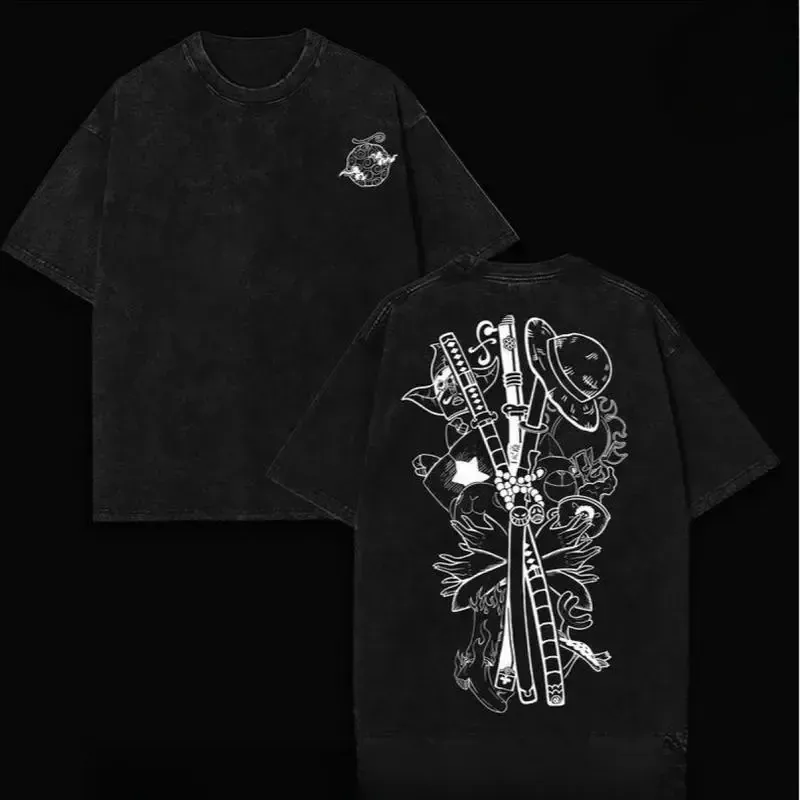 Gomu Gomu No Mi One Piece Luffy Anime Graphic Tee, Vintage Washed Heavy Cotton Double-Sided Print Oversized Unisex Comic T-Shirt