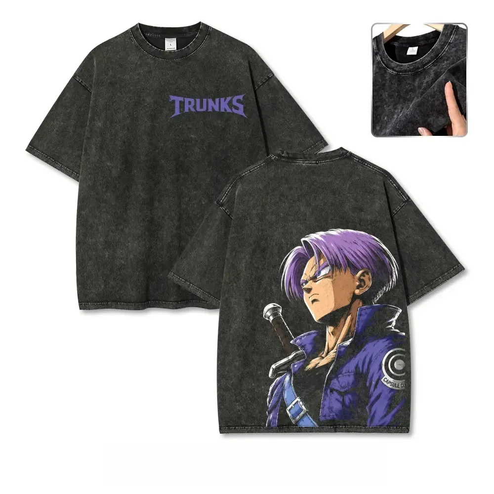 Dragon Ball Z Gaze Series Vintage Washed Anime Tee, 90s Goku Vegeta Trunks Broly Front and Back Graphic T-Shirt, Oversized Heavyweight Streetwear