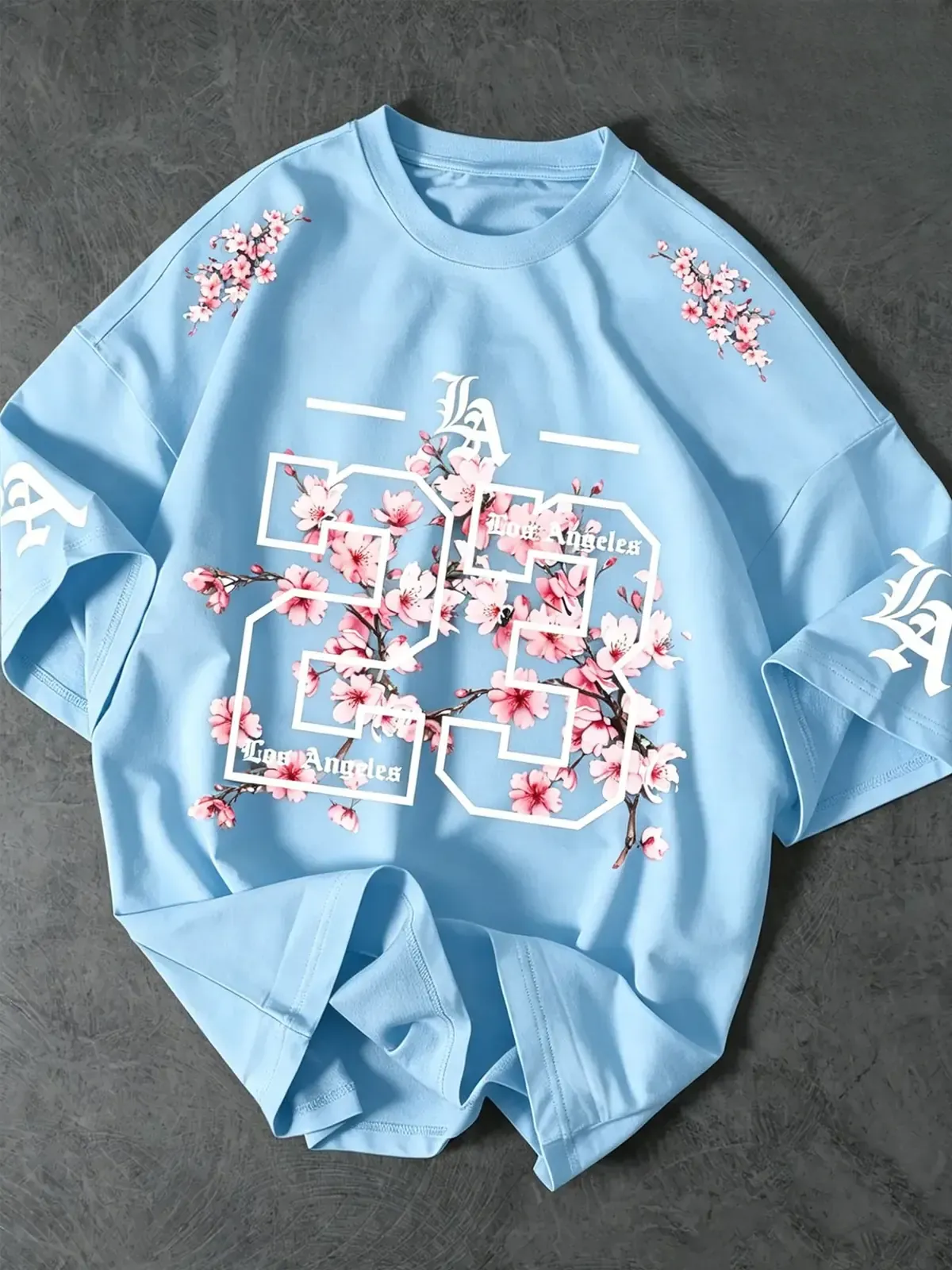 Los Angeles 23 Gothic Cherry Blossom Floral Print Graphic Tee, LA Varsity Number Oversized Fit T-Shirt, Y2K Aesthetic Streetwear Cotton Top