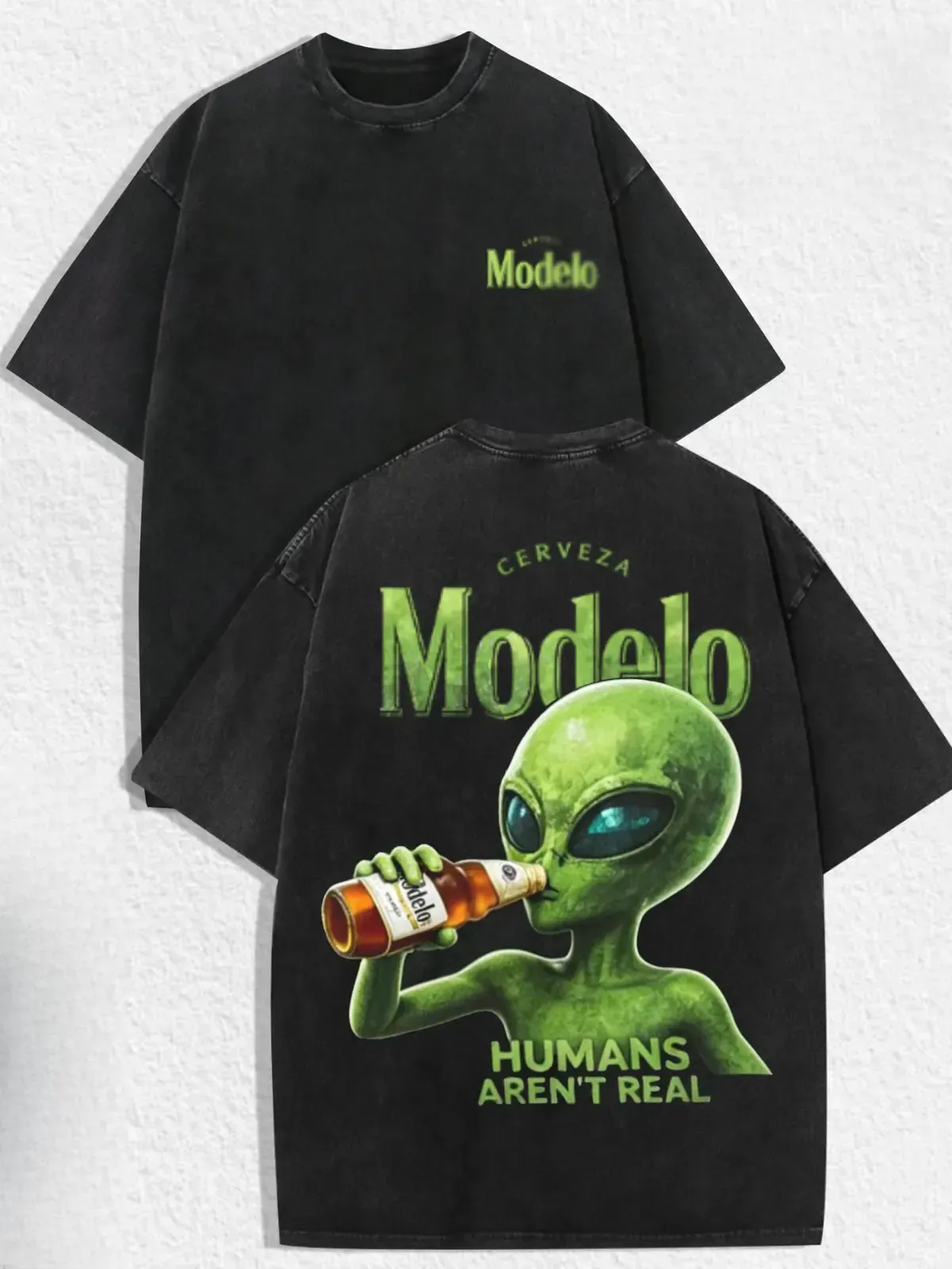 Humans Aren't Real Alien Drinking Modelo Cerveza Beer Graphic Tee, Retro Sci-Fi Washed Front and Back Print Streetwear Unisex T-Shirt
