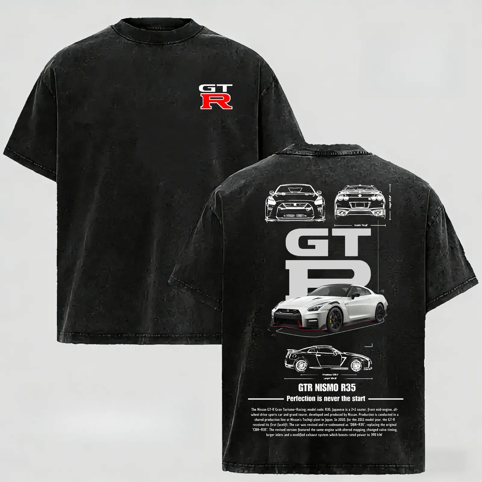 GTR R35 Nismo Vintage Street Style Washed Graphic Tee, Two-Sided JDM Racing Culture Car Print Oversized Cotton Unisex Wash T-Shirt