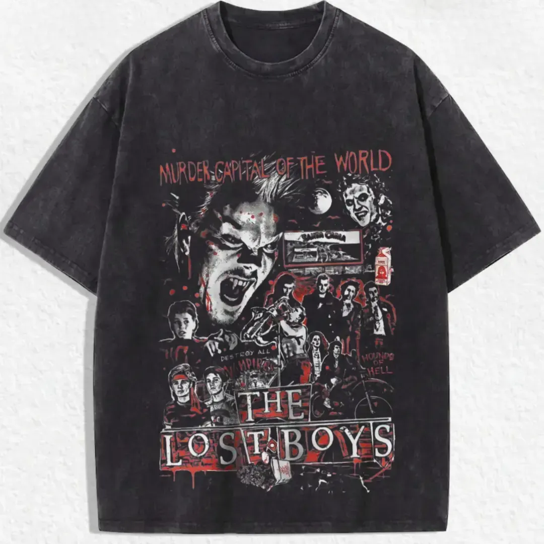 The Lost Boys Murder Capital of the World 80s Retro Vampire Movie Graphic Tee, Vintage Acid Wash Y2K Edgy Streetwear Unisex T-Shirt