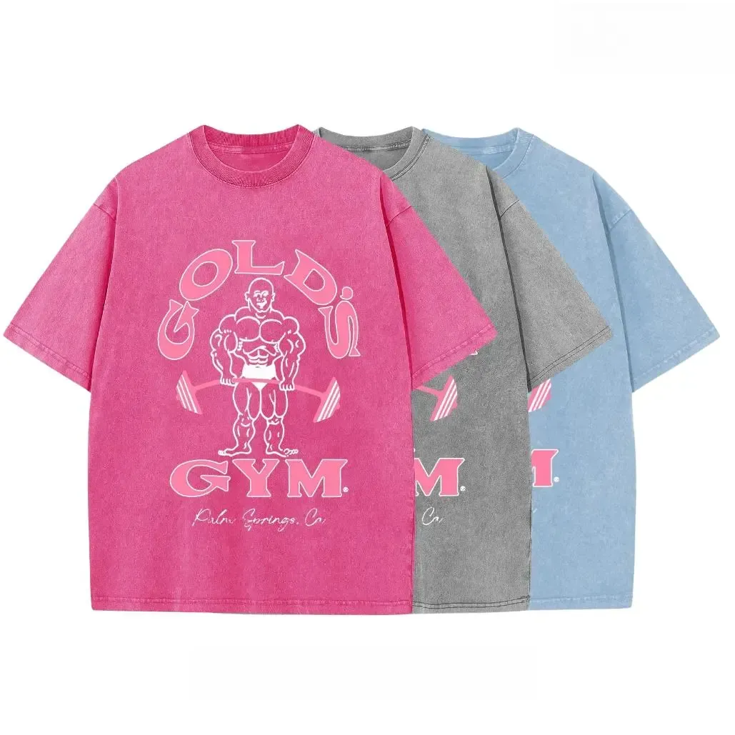 Gold's Gym Palm Springs Pink Bodybuilder Graphic Tee, Vintage Acid Wash Heavyweight Cotton Oversized Baggy Women's Streetwear Gym T-Shirt