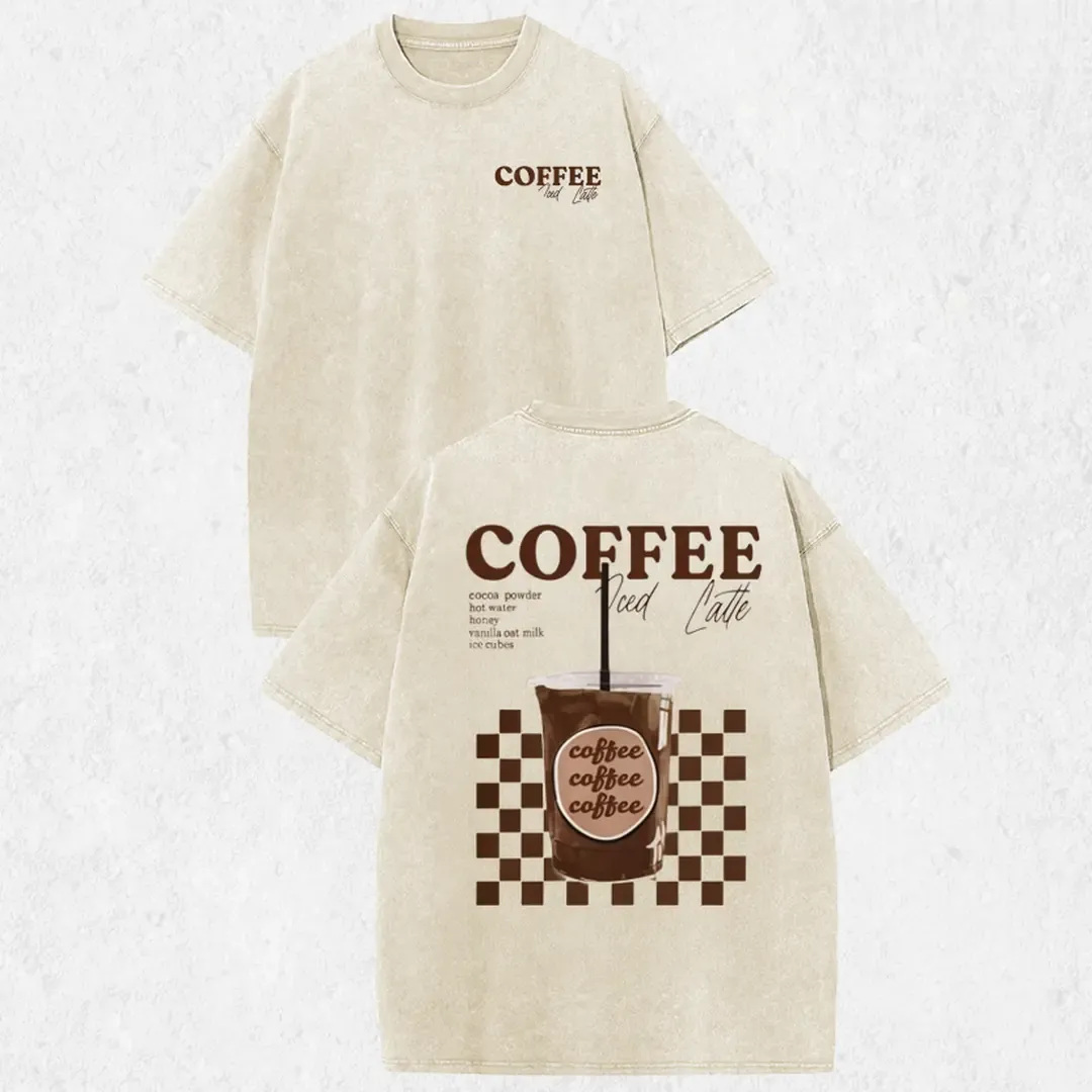 Coffee Iced Latte Retro Checkerboard Graphic Tee, Vintage Acid Wash Double-Sided Print Loose Fit Women's Coffee Lover T-Shirt