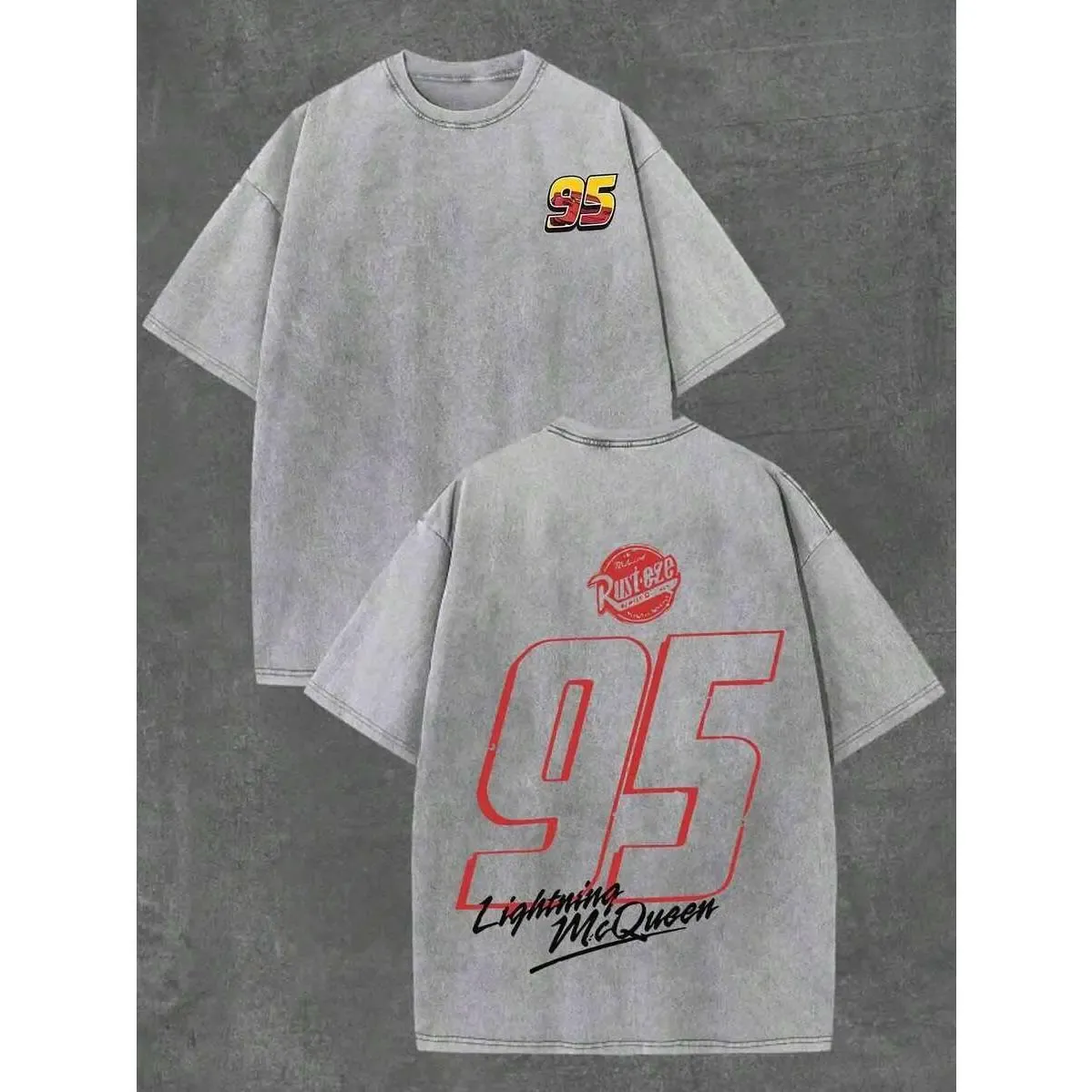 Lightning McQueen 95 Rust-eze Racing Graphic Tee, Cars Movie Retro Washed Oversized T-Shirt, Front and Back Print Vintage Streetwear