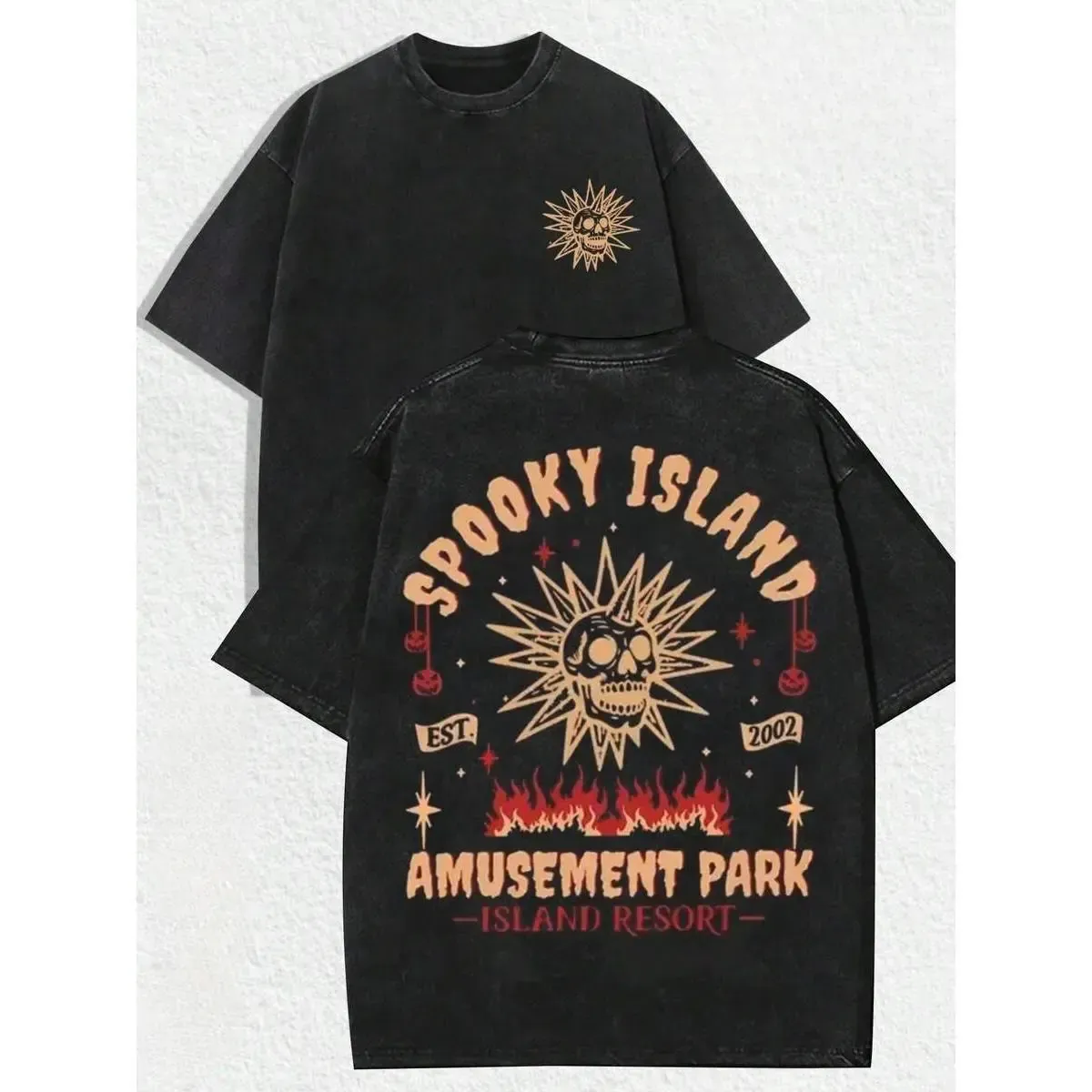 Spooky Island Amusement Park Skull Sun Vintage Stone Washed Tee, Double-Sided Print Oversized Streetwear Graphic Unisex T-Shirt