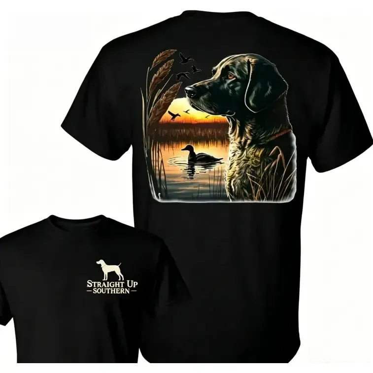 Straight Up Southern Hunting Dog Sunset Marsh Graphic Tee, Rustic Outdoor Duck Hunting Two-Sided Oversized Clean Fit Unisex T-Shirt