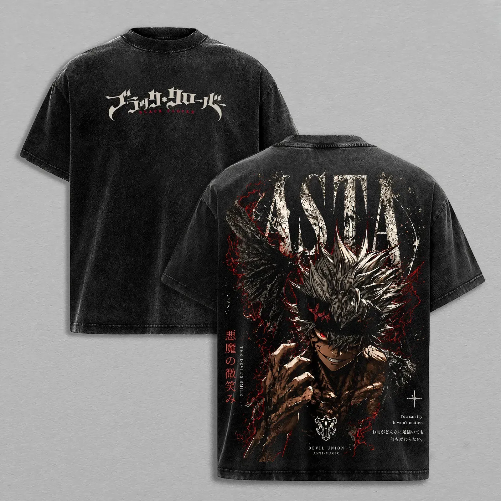 Asta Black Clover Vintage Washed Tee, Anti Magic Knight Black Bulls Anime Manga Two-Sided Graphic Heavy Cotton Oversized Streetwear T-Shirt
