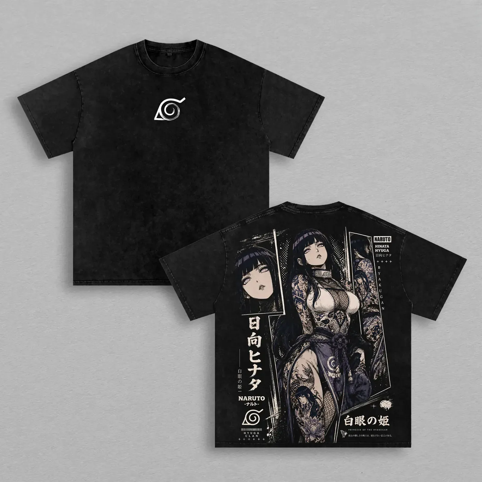 Hinata Hyuga Naruto Vintage Washed T-Shirt, Byakugan Princess Hyuga Clan Anime Manga Graphic Tee, Heavy Cotton Oversized Streetwear Top