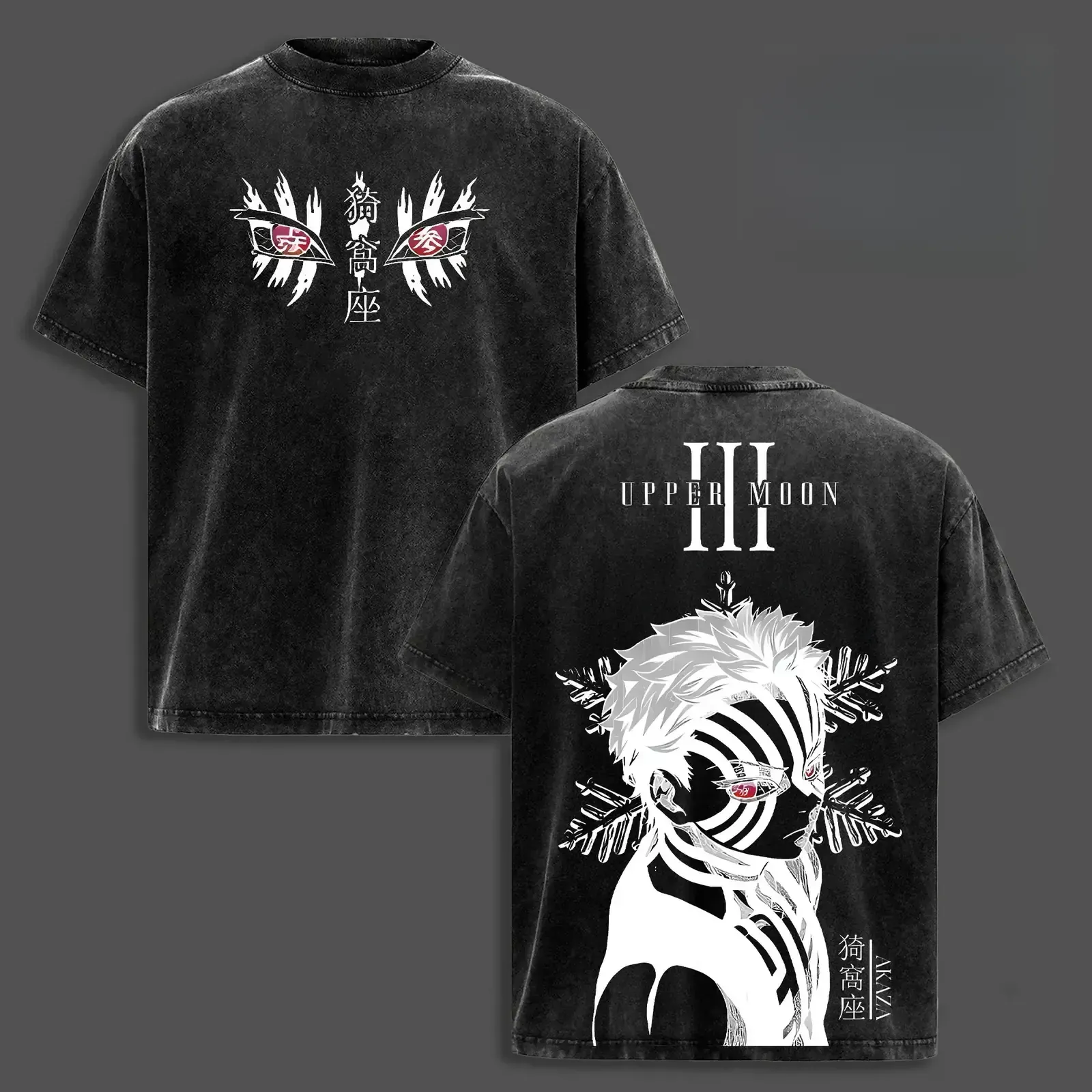 Akaza Upper Moon 3 Demon Slayer Anime Graphic Tee, Vintage Acid Washed Manga Villain Upper Rank Two-Sided Oversized Cotton T-Shirt