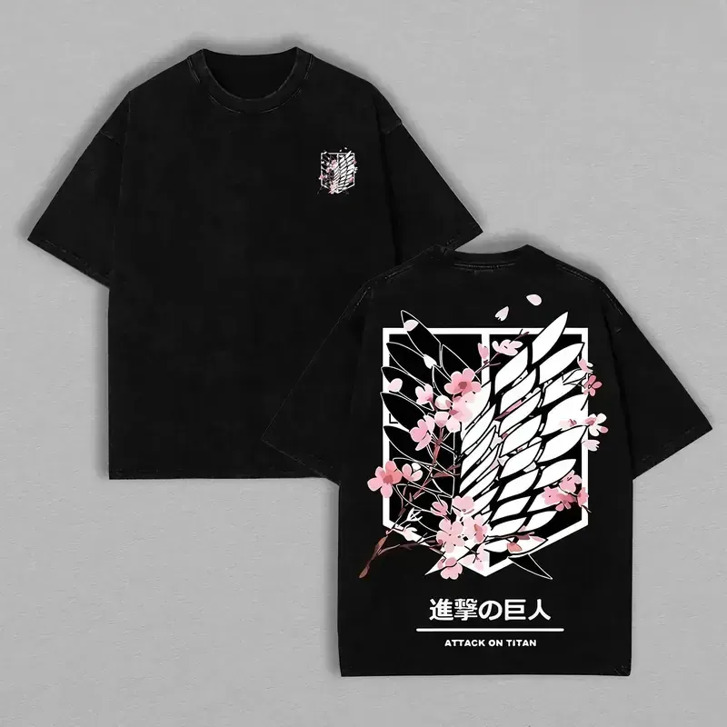 Attack On Titan Wings Of Freedom Anime Graphic Tee, Eren AOT Survey Corps Cherry Blossom Acid Wash Two-Sided Streetwear Unisex T-Shirt