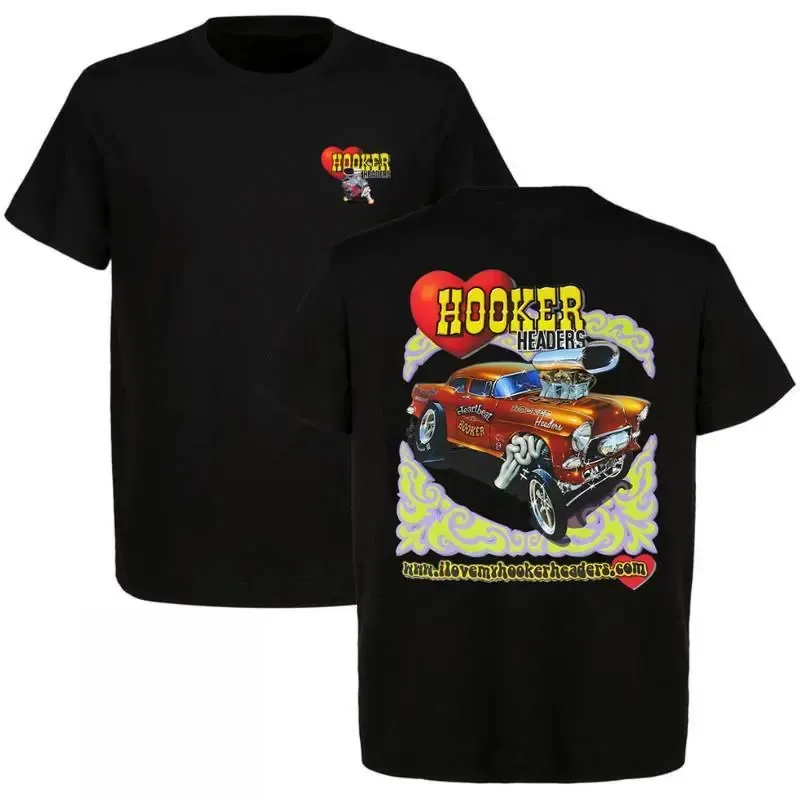 Retro Hooker Headers Hot Rod Gasser Graphic Tee, Vintage Classic Racing Car Street Culture Front and Back Print Unisex Cotton T-Shirt