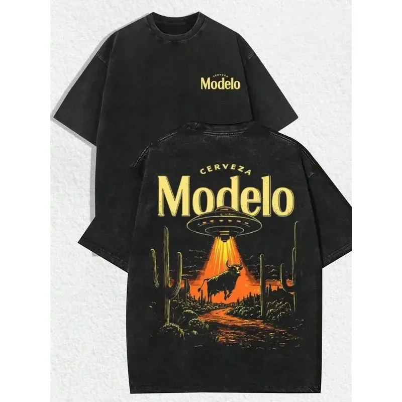 Cerveza Modelo UFO Abducting Bull Desert Cactus Graphic Tee, Retro American Beer Vintage Washed Double-Sided Oversized T-Shirt