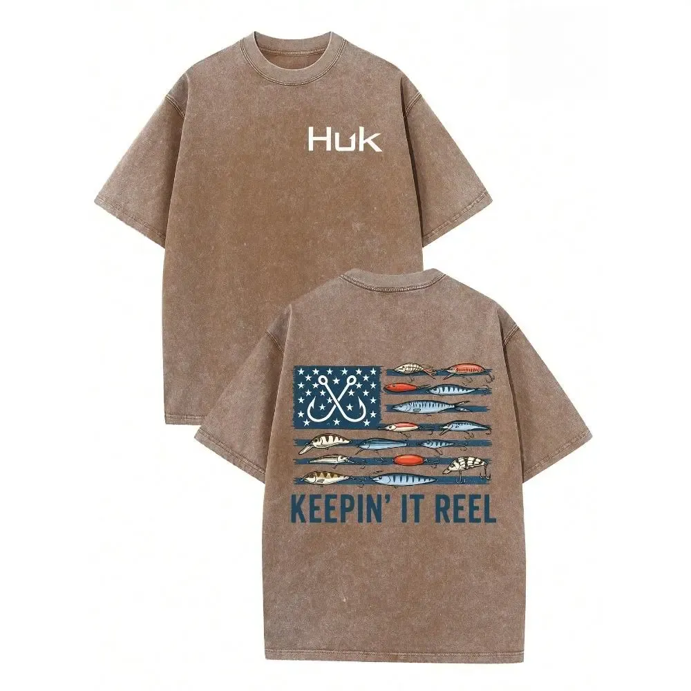 HUK Keepin It Reel American Flag Fishing Lure Vintage Washed Tee, Bass Angler Front and Back Graphic Oversized Outdoor Men's T-Shirt