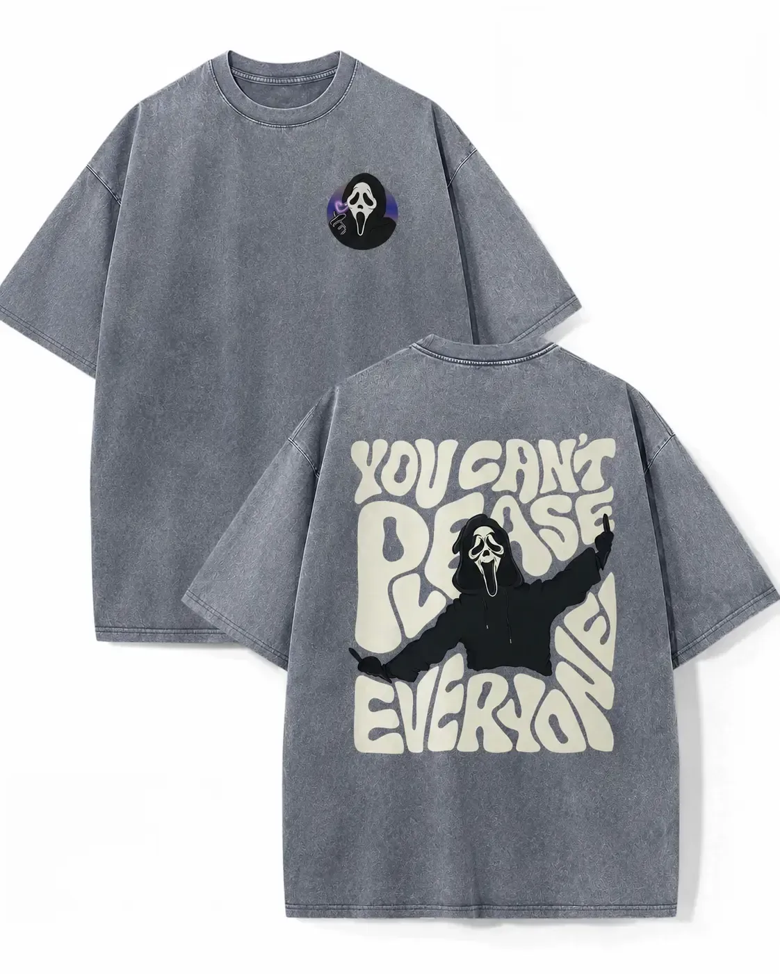 You Cant Please Everyone Spooky Mask Graphic Tee, Vintage Acid Wash Y2K Streetwear Double-Sided Print Oversized Unisex Cotton T-Shirt