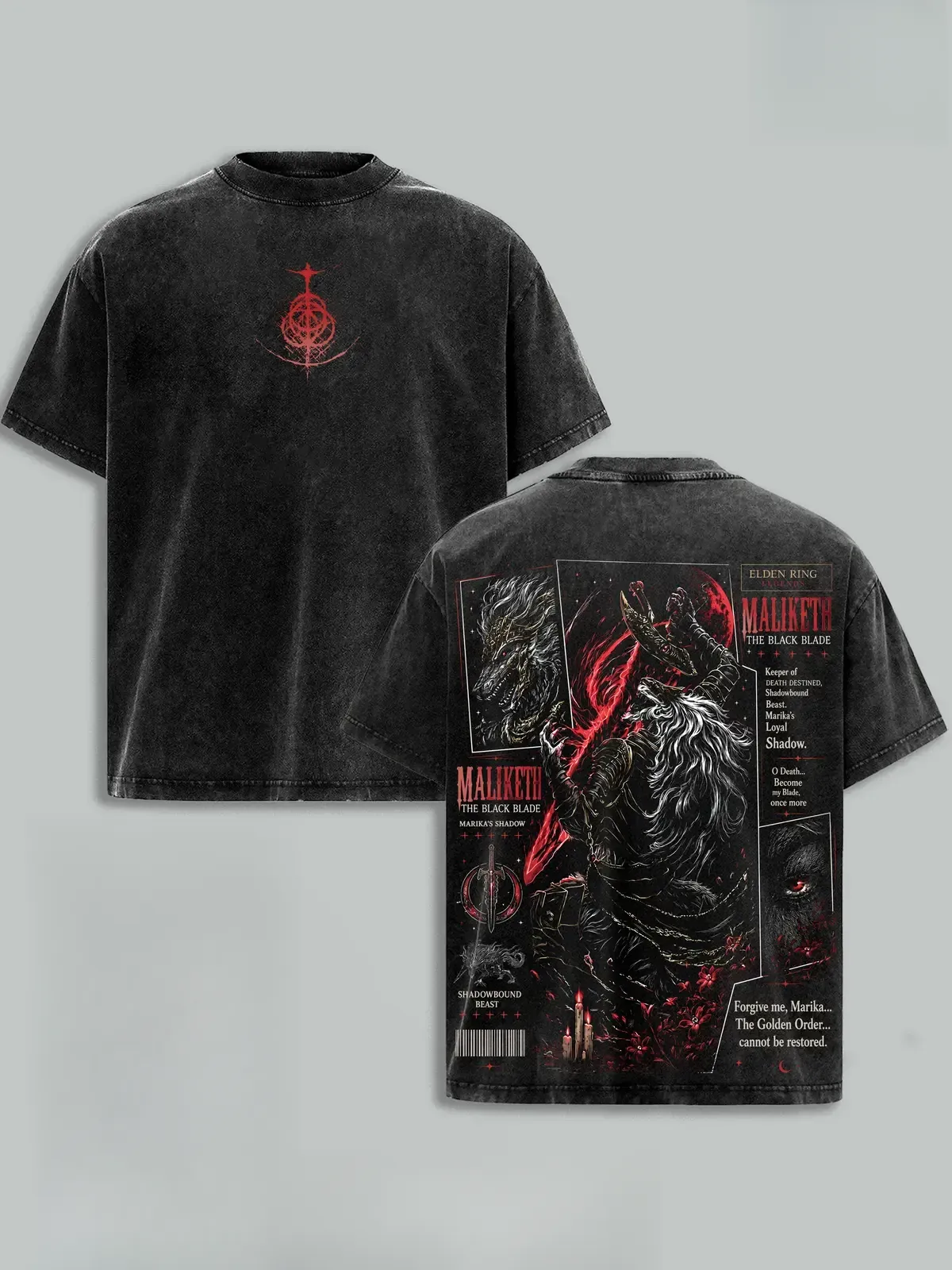 Elden Ring Ranni Malenia Radahn Maliketh Frenzied Flame Graphic Tee, Vintage Washed Oversized FromSoftware Tarnished Soulslike T-Shirt