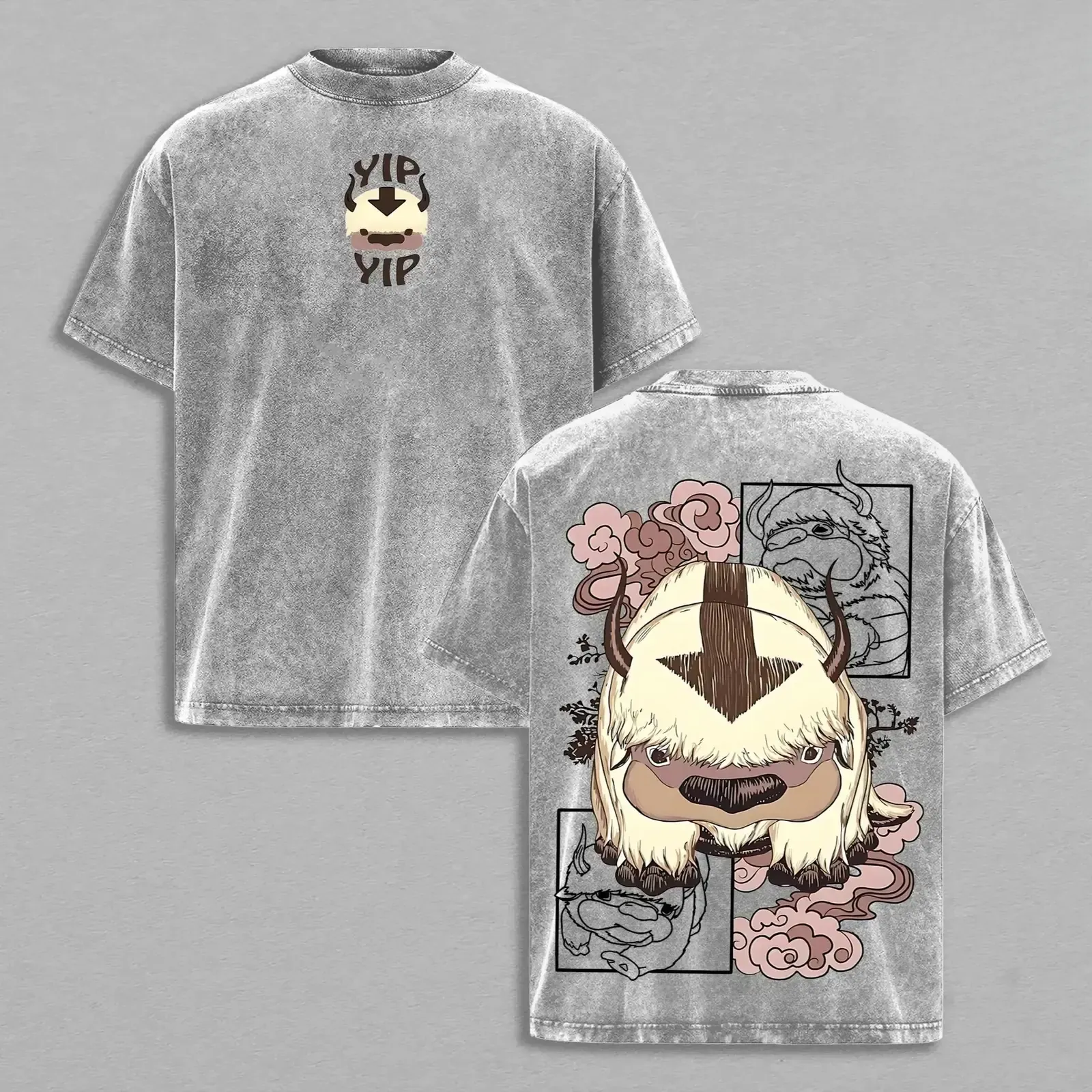 Avatar The Last Airbender Appa Yip Yip Anime Graphic Tee, Vintage Washed Heavyweight Cotton Oversized Front and Back Print Streetwear T-Shirt