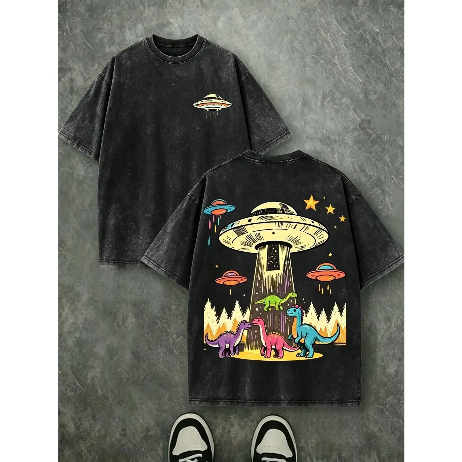 Vintage UFO Abducting Dinosaurs Front and Back Print Washed Tee, Retro Alien Spaceship Outer Space Funny Meme Oversized Streetwear Shirt